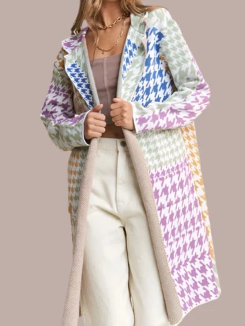 J.NNA Multicolor Patchwork Houndstooth Open Front Longline Cardigan